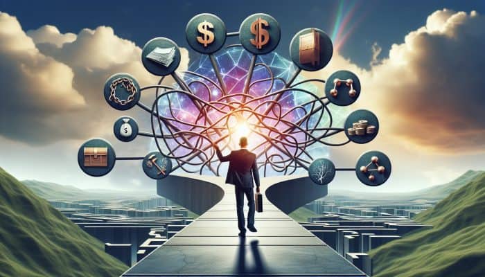 Essential Concepts in Debt Consolidation: A Comprehensive Guide | DCL A person confidently navigating a clear path through a complex financial landscape with labeled signposts under a bright sky.