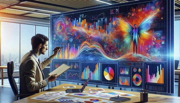 Person analysing industry report graphs on a screen in a modern office, taking notes.