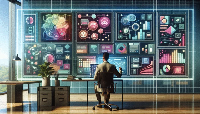 A person in a modern office analysing industry reports on a screen, surrounded by interactive content and various formats.