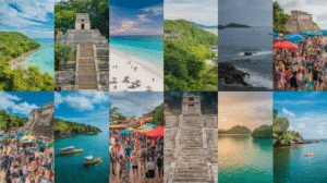 A vibrant collage of 12 photos showcasing beaches, ancient stone ruins, verdant landscapes, ocean views, bustling festivals with market stalls, boats on water, and people relaxing on sandy shores under clear and partially cloudy skies—perfect for a Belize travel guide.