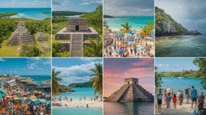 A dynamic collage of eight images showcasing ancient Mayan ruins, crowded beaches, clear turquoise water, a marketplace adorned with colourful umbrellas, tourists, and tropical landscapes under the sunny and partly cloudy skies of Belize.