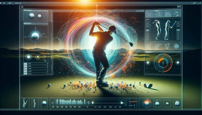 Golf swing analysis software interface featuring slow-motion playback, drawing tools, and side-by-side comparison capability.
