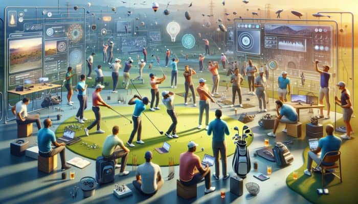 South African golfers engaging on laptops and smartphones, participating in a community forum with local expert support for swing analysis.