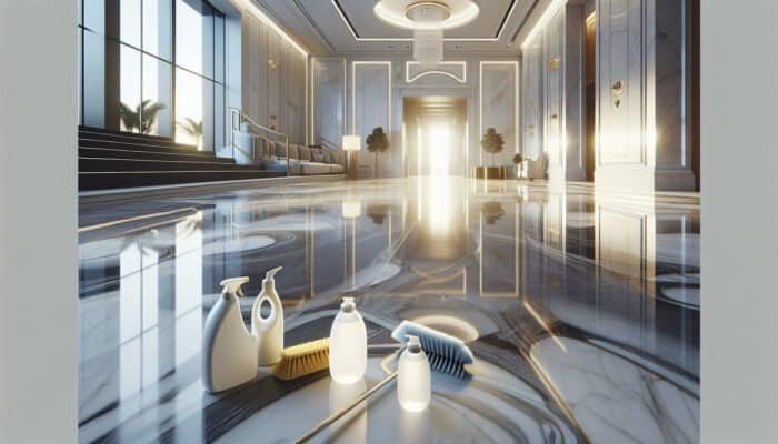 Luxurious marble floor in a Cottenham Park home, gleaming, with cleaning tools, showcasing the importance of maintenance.