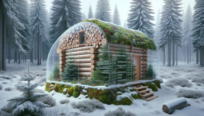 Wilderness Shelter Insulation: A wilderness shelter insulated with broadleaf evergreens and moss in a snowy forest.