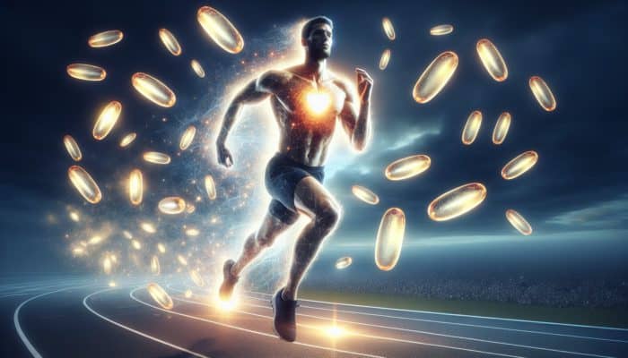 Athlete running effortlessly with a glowing heart, surrounded by omega-3 capsules, symbolising endurance and lower resting heart rate.