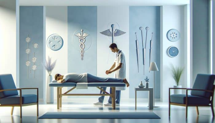 A patient receiving acupuncture for chronic back pain in a modern NHS clinic, with UK healthcare symbols.