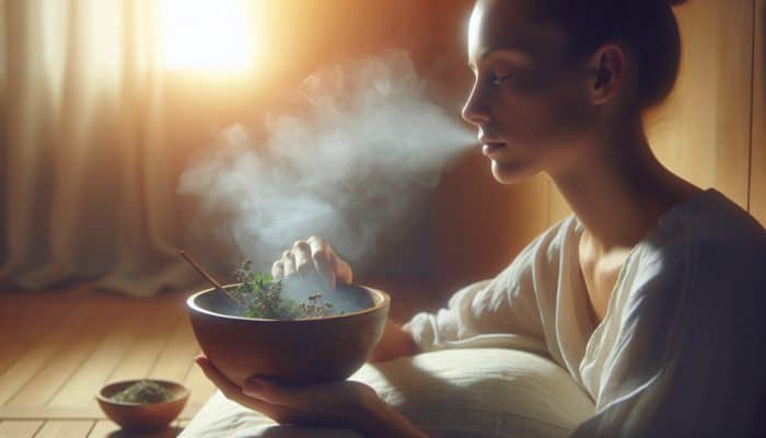 Person inhaling steam from a bowl filled with eucalyptus and peppermint, surrounded by warm mist, to support respiratory health.
