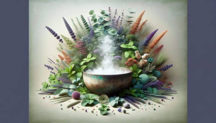 A tranquil spa scene featuring eucalyptus, mint, and lavender surrounding a steaming bowl for inhalation.