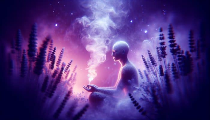 Person inhaling soothing lavender steam in a tranquil home spa, surrounded by calming purple hues.