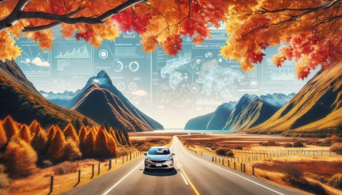 A rental car on a scenic, less crowded New Zealand highway in autumn, surrounded by colourful foliage.