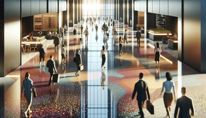 Polished terrazzo floor in a Buckinghamshire lobby, reflecting light, showcasing durability and aesthetic appeal with people walking.