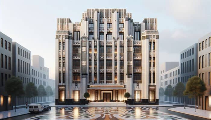 Art Deco building in London showcasing terrazzo flooring, illustrating its transition from luxury to modern adaptability.