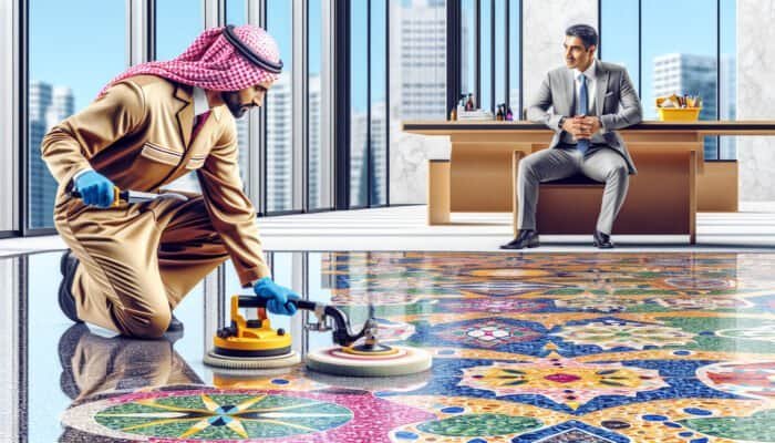 A skilled technician polishing a vibrant terrazzo floor, enhancing its colourful patterns and smooth texture.