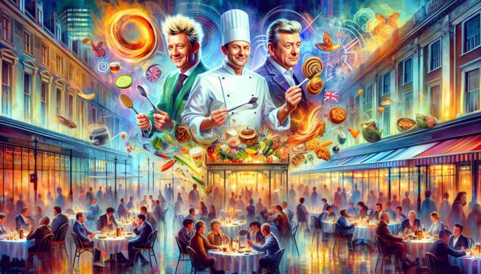 Celebrated chefs Gordon Ramsay, Wolfgang Puck, and Guy Fieri amidst the vibrant culinary scene in Las Vegas.