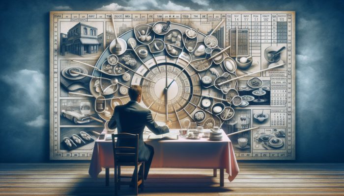 Individual using a calendar and clock to strategically schedule restaurant reservations amidst various restaurant scenes.