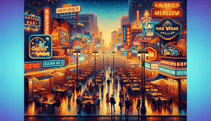 Las Vegas Strip at dusk with neon signs promoting off-peak dining specials at celebrity chef restaurants.