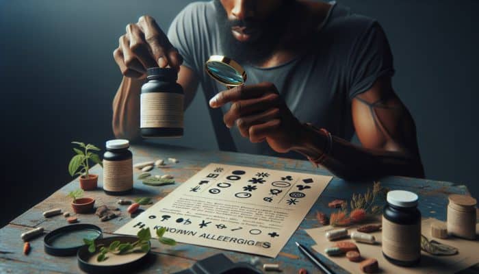 Person using a magnifying glass to read herbal supplement label for allergens and contraindications.