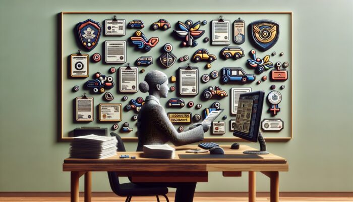 A person verifying a car rental company's licensing and insurance on a computer, with official documents on the wall.