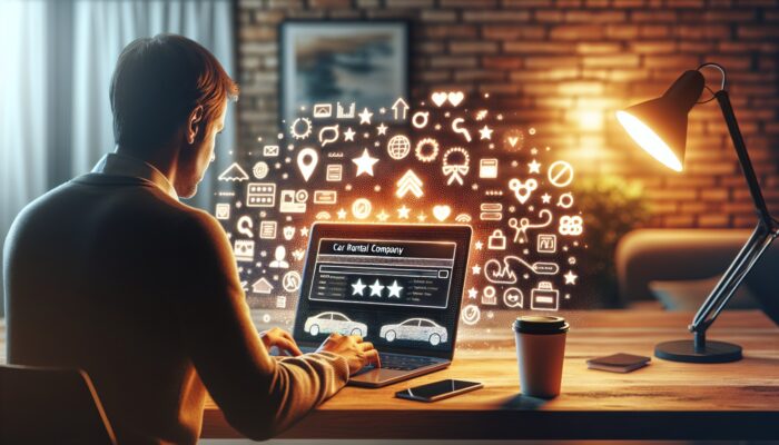 Person reviewing car rental company ratings on laptop in a cozy home office with coffee.