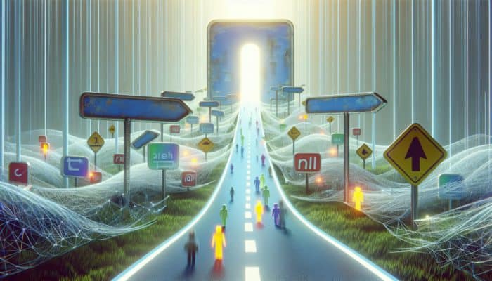 Utilise 301 Redirects for Link Equity: A digital journey from an old, faded URL to a new, vibrant URL, illustrating a seamless 301 redirect, with search engine bots and users in pursuit.