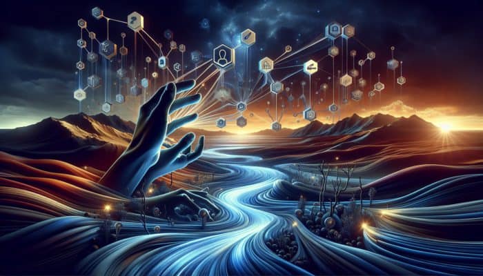 Hands reaching for glowing streams of light representing link equity in a digital environment.