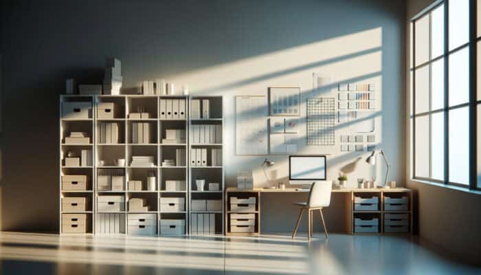 A minimalist workspace with organized shelves, labelled boxes, and colour-coded folders in natural light.