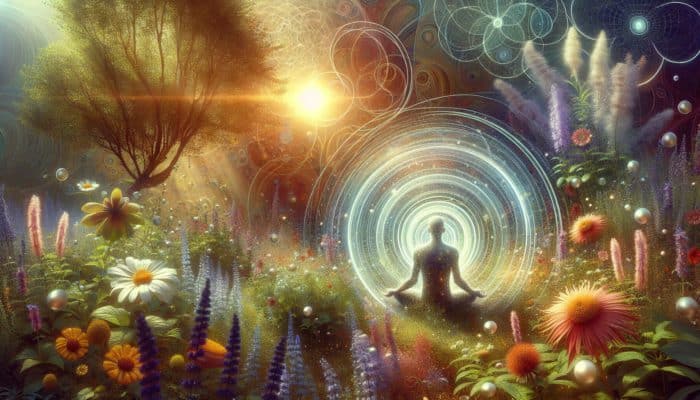 A serene garden with herbs like lavender and chamomile, a person meditating in soft sunlight.
