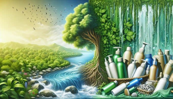 A vibrant ecosystem with lush greenery and clear streams, contrasted by pollution from non-recyclable hair product packaging; eco-friendly bottles rejuvenate the environment.