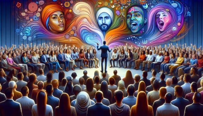 A diverse audience captivated by a storyteller weaving an enchanting narrative, surrounded by vibrant colours.
