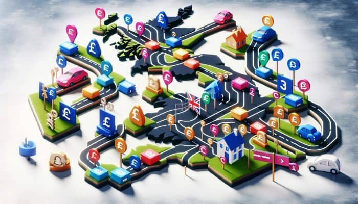 How to Consolidate Debt Across State Lines: A Guide | DCL Illustration of a UK map showcasing various debt consolidation loan options with paths and signposts indicating unique benefits and tailored solutions.