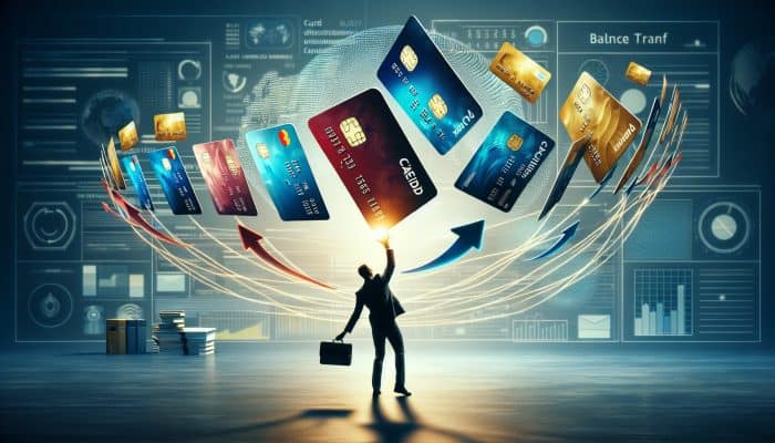 How to Consolidate Debt Across State Lines: A Guide | DCL Individual juggling credit cards, transferring balances to a new card with lower interest in an office setting.
