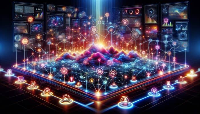 A digital landscape featuring interconnected nodes and vibrant links, surrounded by glowing recommendations and expert advice icons.