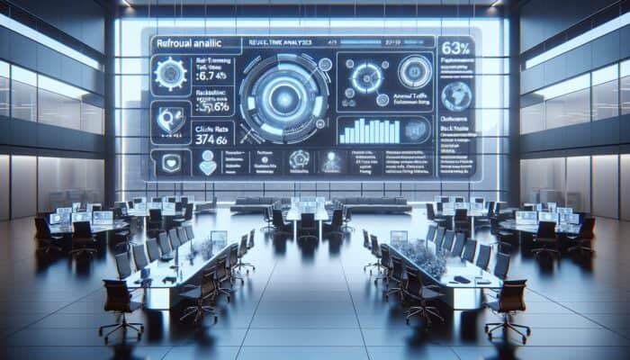 A futuristic dashboard displaying real-time forum link analytics in a modern office.