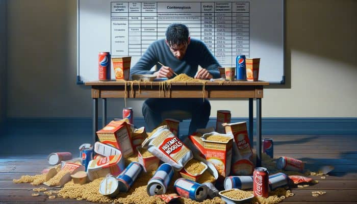 A fatigued UK employee surrounded by clutter of instant noodles, fast food, and energy drinks, grappling with nutritional challenges due to demanding work hours.
