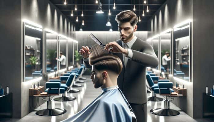 A barber diligently cutting long layers in a man's hair in a modern shop with mirrors and focused lighting.