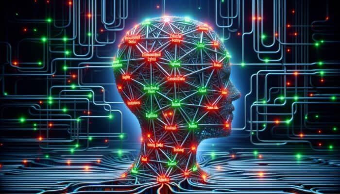 AI analyzing network of backlinks, highlighting ethical connections in green and flagging spammy links in red.