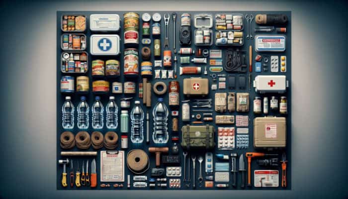 A detailed prepping kit on a table with food, water, medical items, tools, and emergency gear, neatly arranged and labeled.