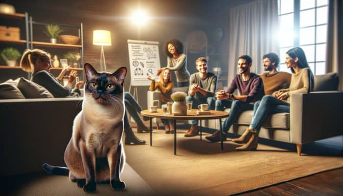 A Burmese cat confidently socializing with people in a cozy, well-lit living room.