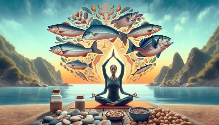 A person practicing yoga by the sea with fish and nuts, symbolising thyroid health support.