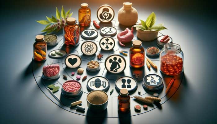Herbal remedies with caution symbols indicating potential side effects like rashes and gastrointestinal issues, along with drug interaction warnings.