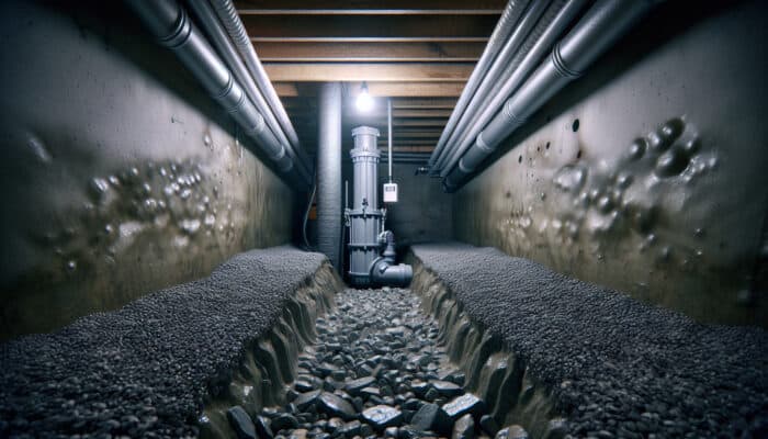 Crawl space featuring a sump pump, French drain, and interior drainage pipes for efficient water removal.