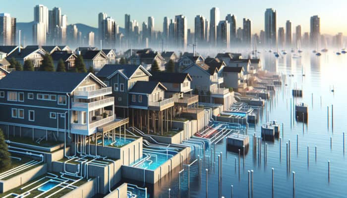 Urban West End neighbourhood with raised homes and integrated drainage systems near English Bay, preventing flooding.