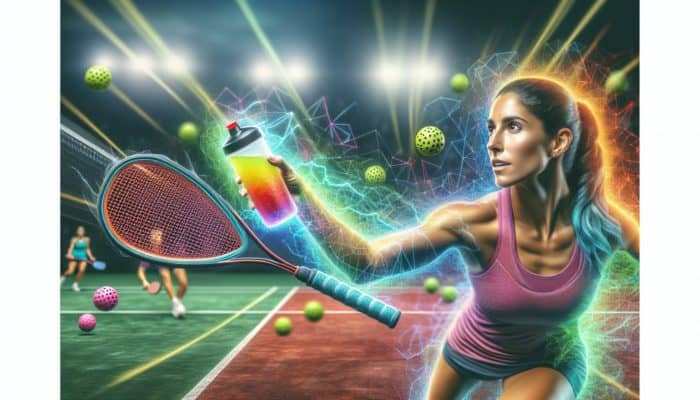A pickleball player in mid-game, energized by a sports drink with glowing electrolytes.