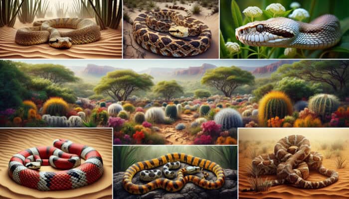 Snake Bite Protocols For Pets: Various venomous snakes in habitats, showing effects of their unique venoms on tissues and organisms.