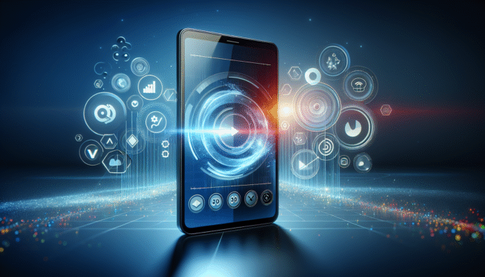 A smartphone displaying a video, surrounded by optimisation icons and graphs on a modern background.