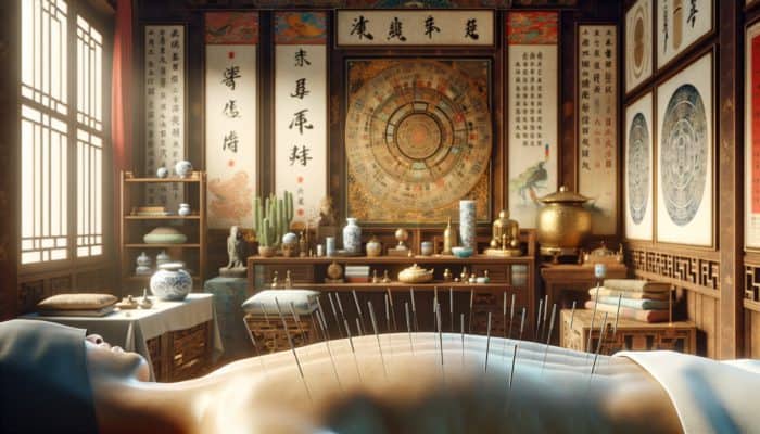 Acupuncture for Alcohol Dependency: A serene acupuncture session set in a traditional Chinese environment, showcasing needles and symbols of Qi energy.