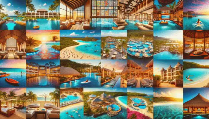Collage of all-inclusive resorts in Caribbean, Mexico, Hawaii, showcasing amenities, beaches, and activities.