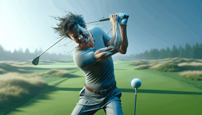 A beginner golfer on a serene course, struggling with grip and stance, swings quickly, showing frustration and determination.