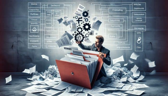 Debt Consolidation Loan Stories from Freelancers: Freelancer consolidating scattered invoices into a single folder labelled 'Debt Consolidation'.